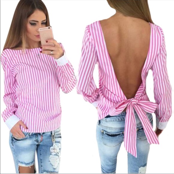 Tops - Backless pink and white striped blouse w bow